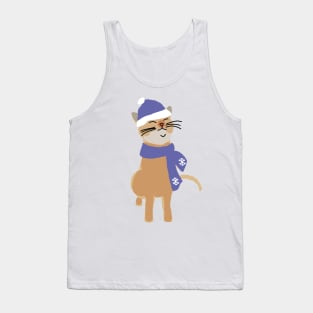 Winter Kitty Cat Wearing Blue Hat and Scarf Tank Top